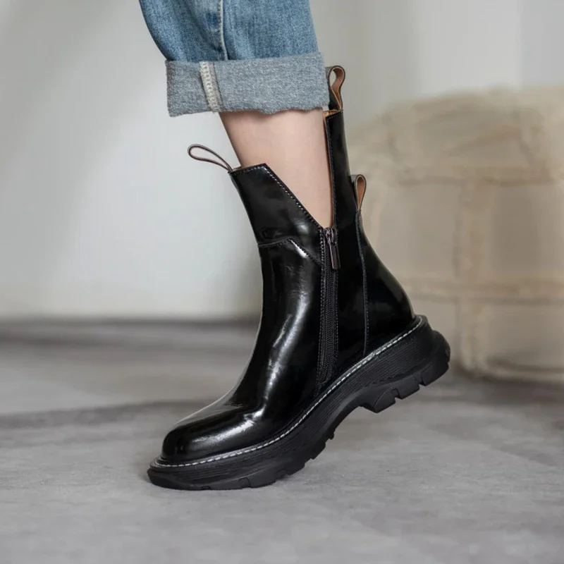 HOT SALE Women Boots Round Toe Thick Heel Shoes Split Leather Shoes for Women Cool Motorcycle Boots Platform Black Ankle Boots