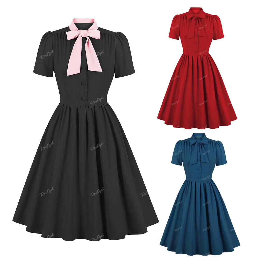 ROSEGAL-Ruched A Line Dress dla kobiet, stójka, guziki, krótkie rękawy, wiosna, lato Vintage sukienki damskie Vestidos