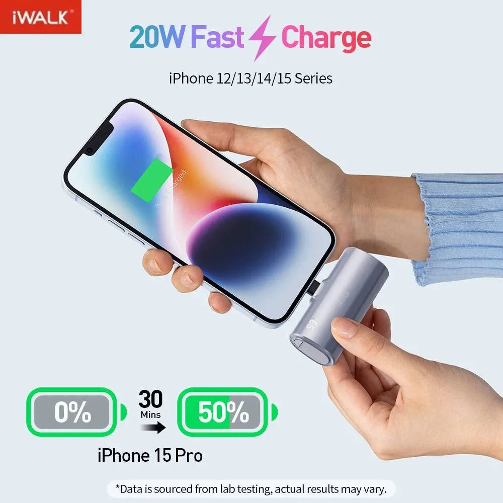 iWALK Upgrade 2-in-1 5000mAh Lightning and Type-C Capsule Mobile Power Bank Fast Charge Portable External Battery, Sliver