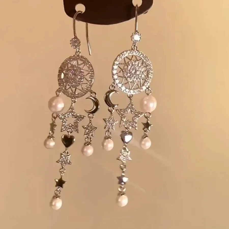 

New in dreamy tassel star earrings for women shining silver 925 light luxury hollow out circular flower earrings wedding jewelry