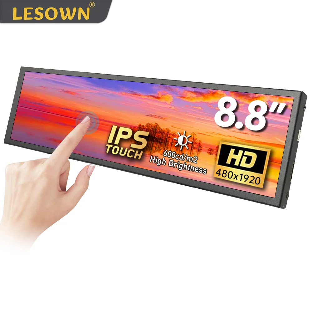 

LESOWN 8.8inch 480x1920 IPS Portable Touch Monitor Bar Secondary Display LCD Strip Travel Screen Support For PC Laptop Computer