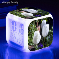 White Tulip 7 Color Night Light Snooze Temperature Detect Children Sleep Bedside Cute Wake Up Timer Alarm Clock