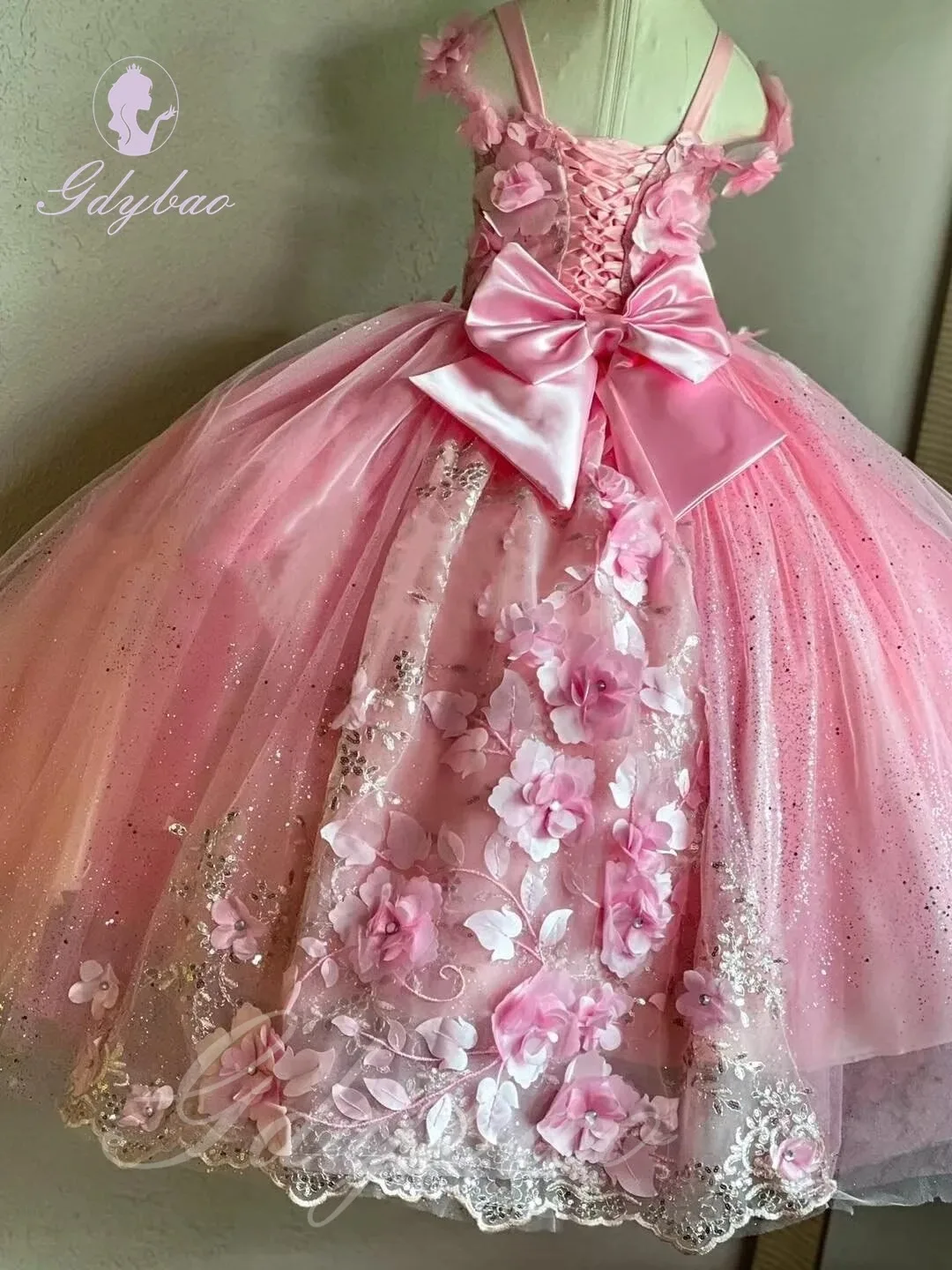 Luxury Pink Flower Girl Dresses for Wedding Bow 3D Floral Appliques Girl Kids Birthday Party First Communion Gown Customized
