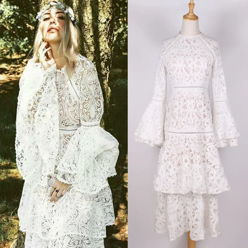 High Quality Vintage Hollow Out Flare Sleeve Loose Flare Sleeve Multi Layer Elegant Fashion Bohemian Women Lace Dress