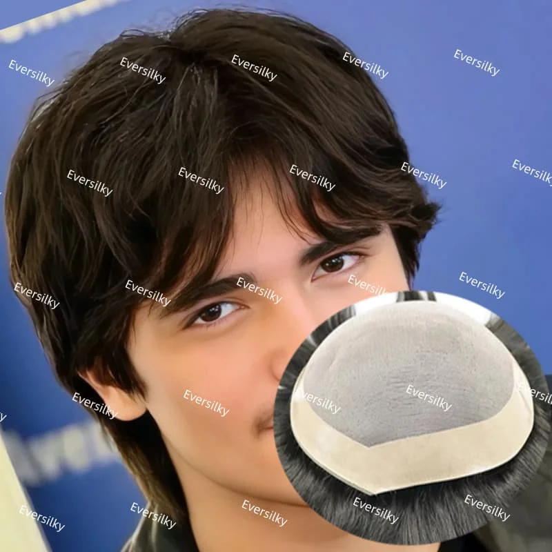 دائم غرامة أحادية الذكور الشعر الاصطناعية شعر مستعار 110%-130% عالية الكثافة الشعر غير مرئية شعري طبيعي الرجال شعر مستعار للرجال 6 "شعر الإنسان #1