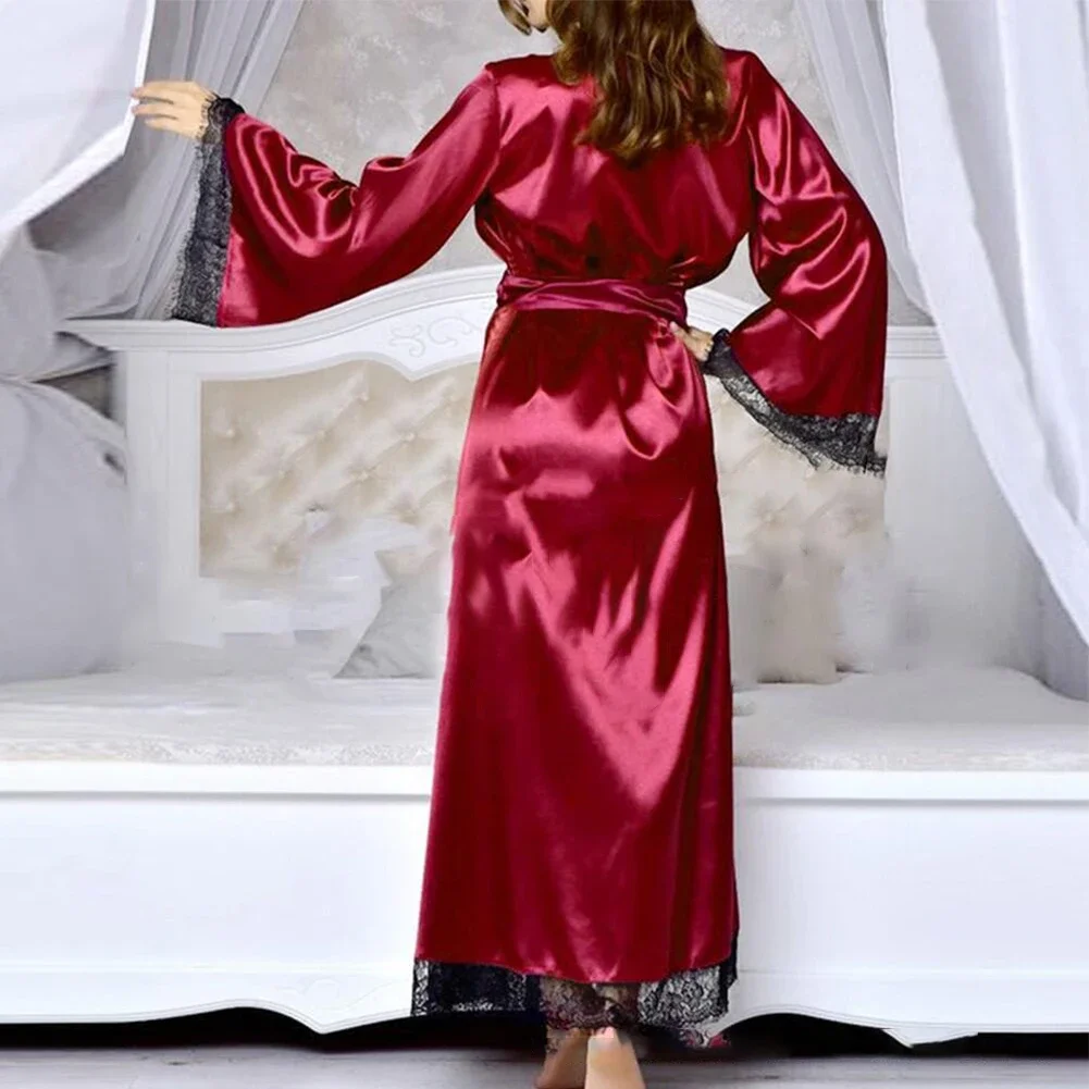 Women Silk Satin Sexy Long Bathrobe Lace Edge Nightdress Kimono Robe Romance See Through Nightgown Nightwear Sleepwear