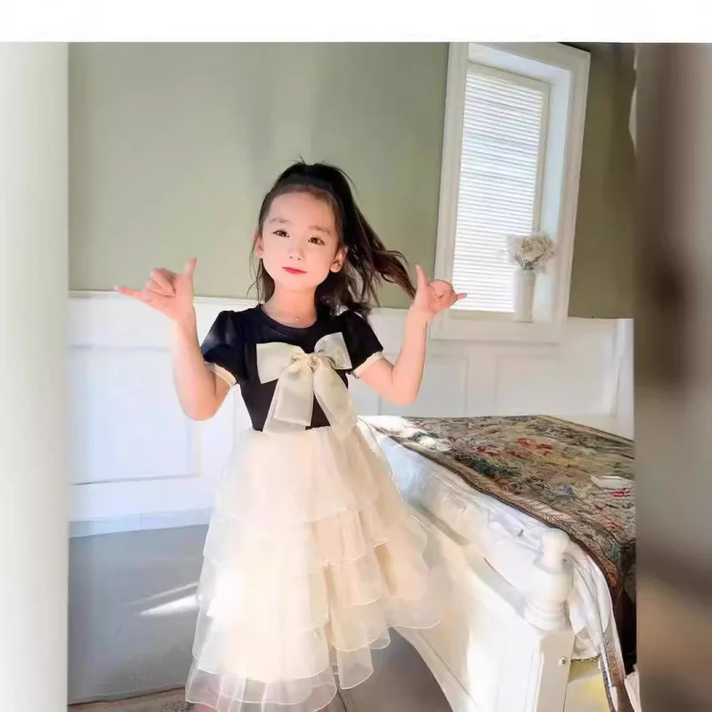 فستان بناتي بأكمام قصيرة مع فيونكة وحاشية ملفوفة فستان كعكة الأميرة