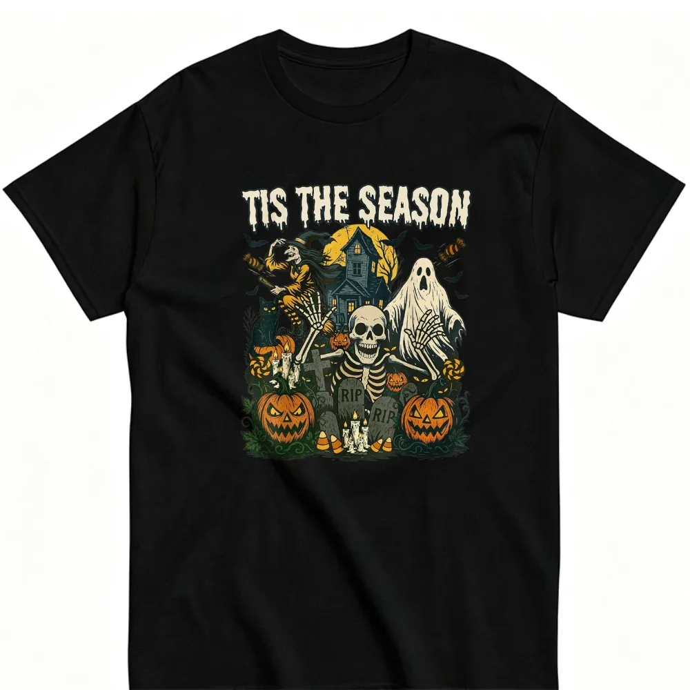 Halloween Tis The Season Graphic T‑Shirt Haunted House Skeleton Ghost Tombstone Pumpkin Bat Retro Spooky Season Tees Casual Tops