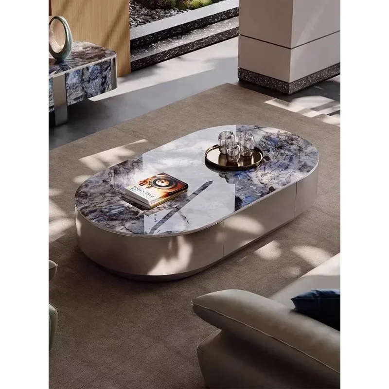 

Italian light luxury coffee table rock slab modern simple oval minimalist living room household stainless steel