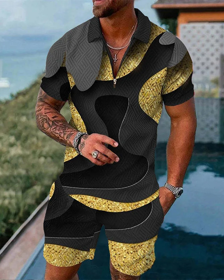 

Мужской спортивный костюм из 2 предметов, рубашка-поло и шорты с 3D-принтом, на молнии, с воротником и принтом чернил, 2024