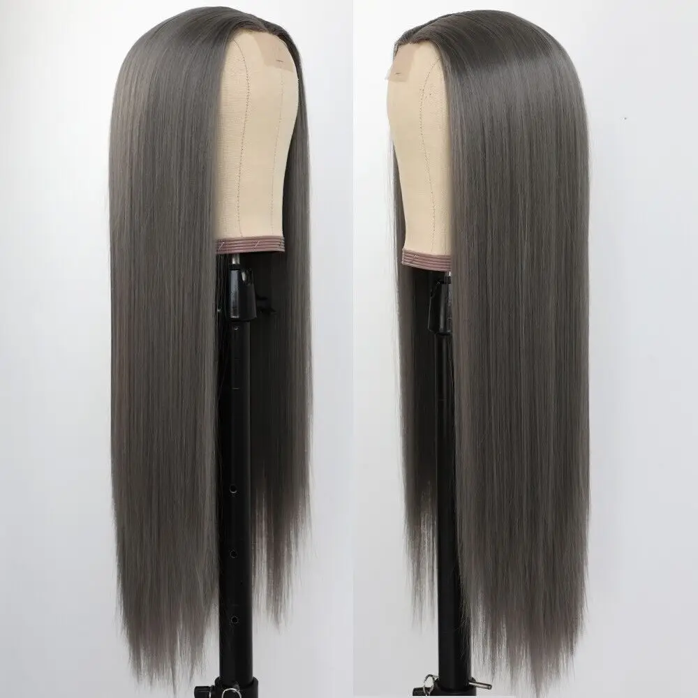 Women Long Straight Lace Front  Gray Synthetic Hair Wigs Heat Safe Glueless