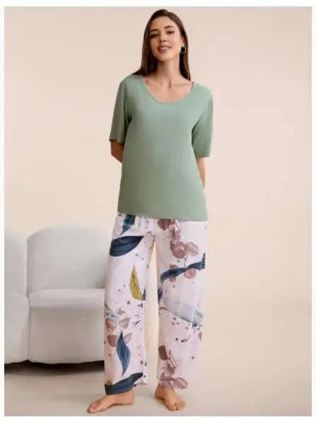 Breathable 2PCS Pajama Short Sleeve Printed Pijama Mujer Femme Loose Nightwear Suit Female Casual Homewear Pajama Set For Women 4