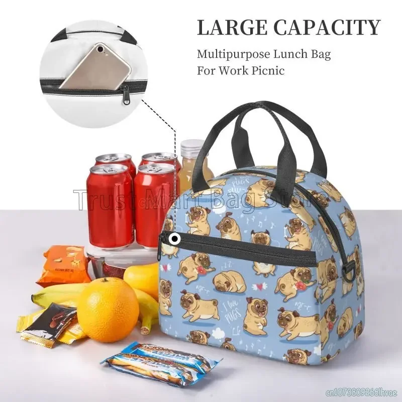 Cute Pug Dog Insulated Lunch Bag for Women Kids Thermal Lunch Box Portable Cooler Tote Bags for School Work Picnic Beach Travel