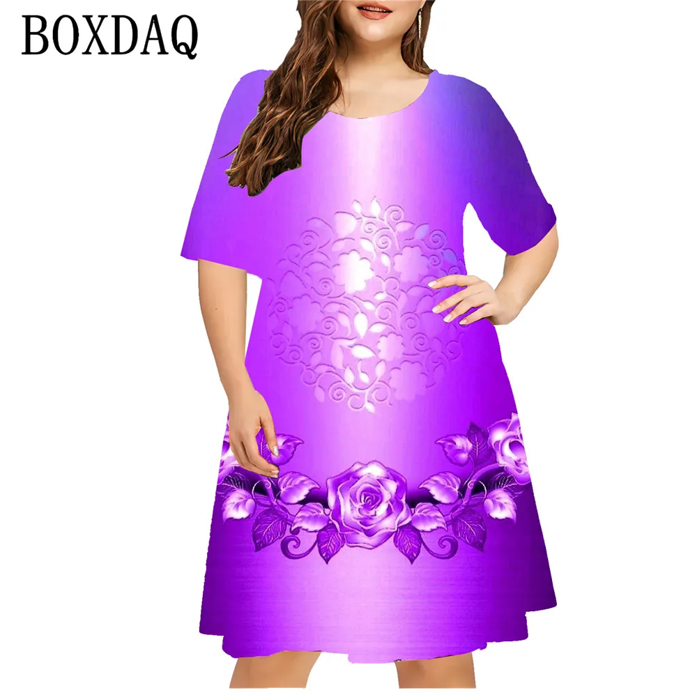 6XL 2024 Plus Size Dresses Summer Women Flower 3D Print Dress Loose Sundress Casual Fashion O-Neck Short Sleeve Mini Party Dress