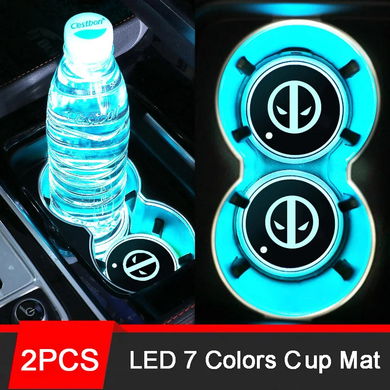 2pcs Deadpool Colorful LED Car Coaster Light Luminous Water Cup Mat for Honda Hyundai KIA Volvo Suzuki Skoda Fiat Cadillac VW