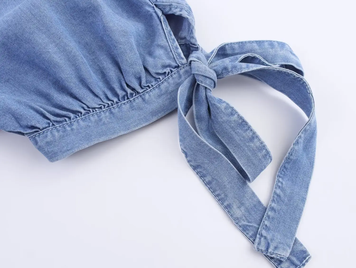 Women's Blue Denim Shirt with Bowknot Short Sleeves Loose Fit Single Breasted Blouse