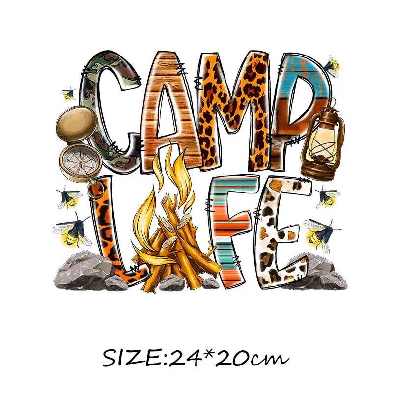 Camping Life CampFire Camper Iron on transfers Heat transfer Stickers Patches For Tshirts Clothes Hoodies