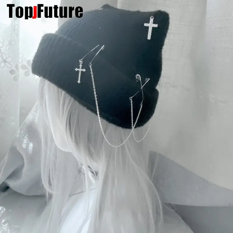 Harajuku Gothic Lolita Knitted Cat Ear Hat Women Punk Designer Bling Cross Winter Beanie Hat Female Y2K Girls Accessories Cap