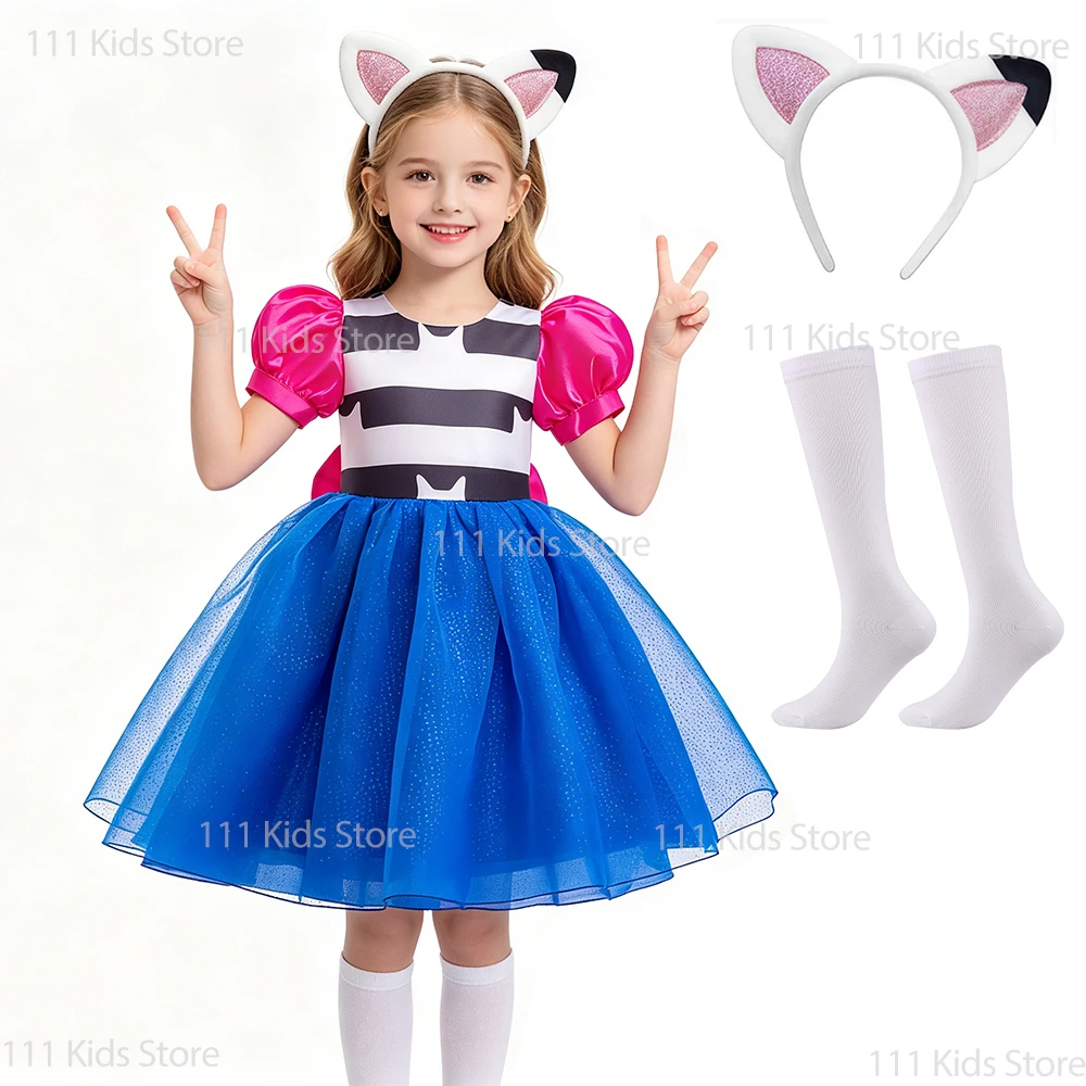Kids Girls Cartoon Cat Striped Princess Dress Gaby Cosplay Costume Children Puffy Sleeve Party Gown Birthday Gifts Carnival