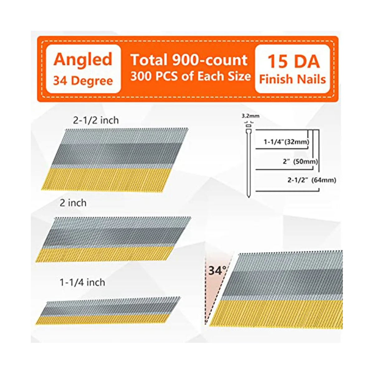 15 Gauge DA Angled Finish Nails, 34-Degree, 900-Pack(2-1/2inch, 2inch, 1-1/4inch 300 Per Sizes),Galvanized Assorted Size