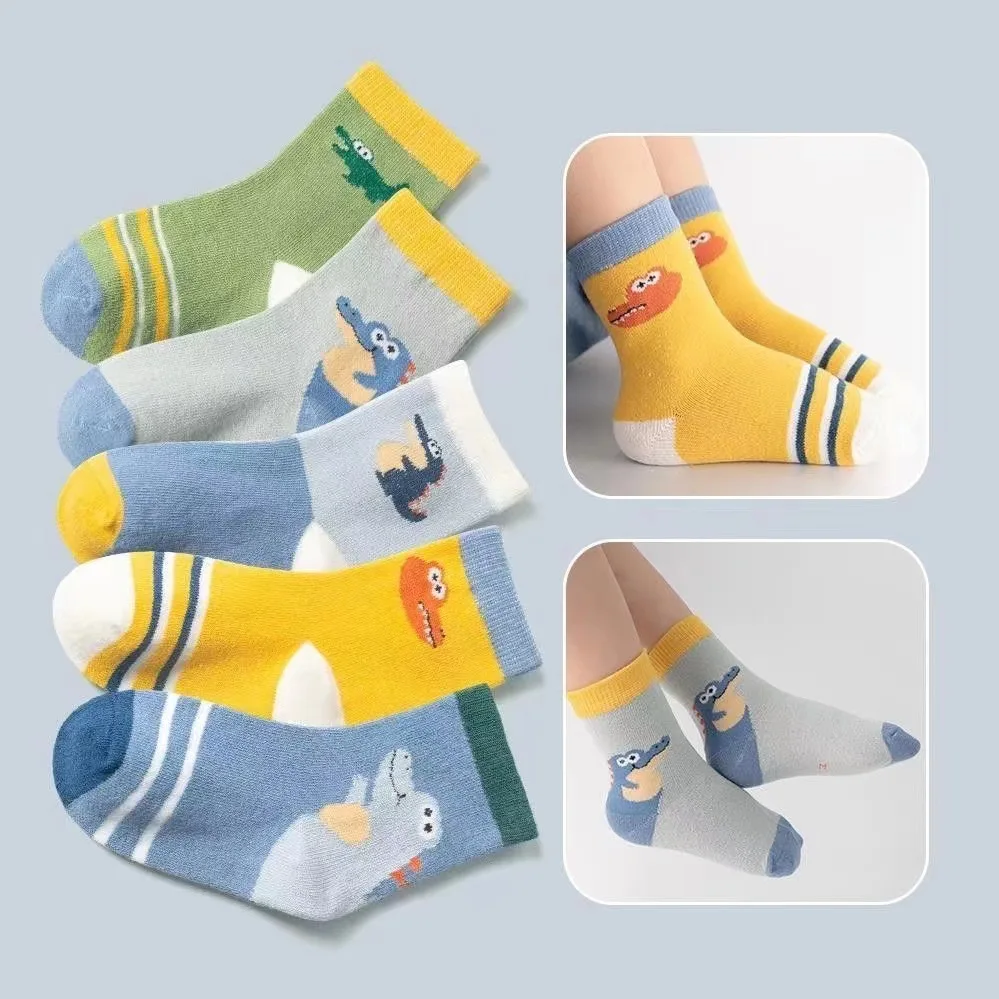 5 Pack Toddler Boys Cartoon Dinosaur Crocodile Socks Colorful Stripe Soft Cotton Kids Mid Tube Socks Daily Wear