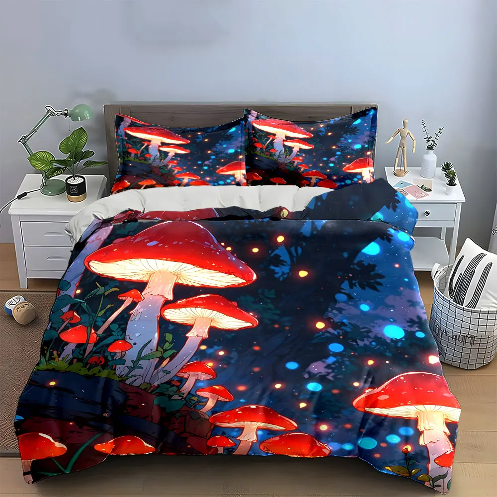 Fairy Forest Mushroom Art Decor Soft Skin-Friendly Bedding Set Includes 1 Duvet Cover And 2 Pillowcase, Gift