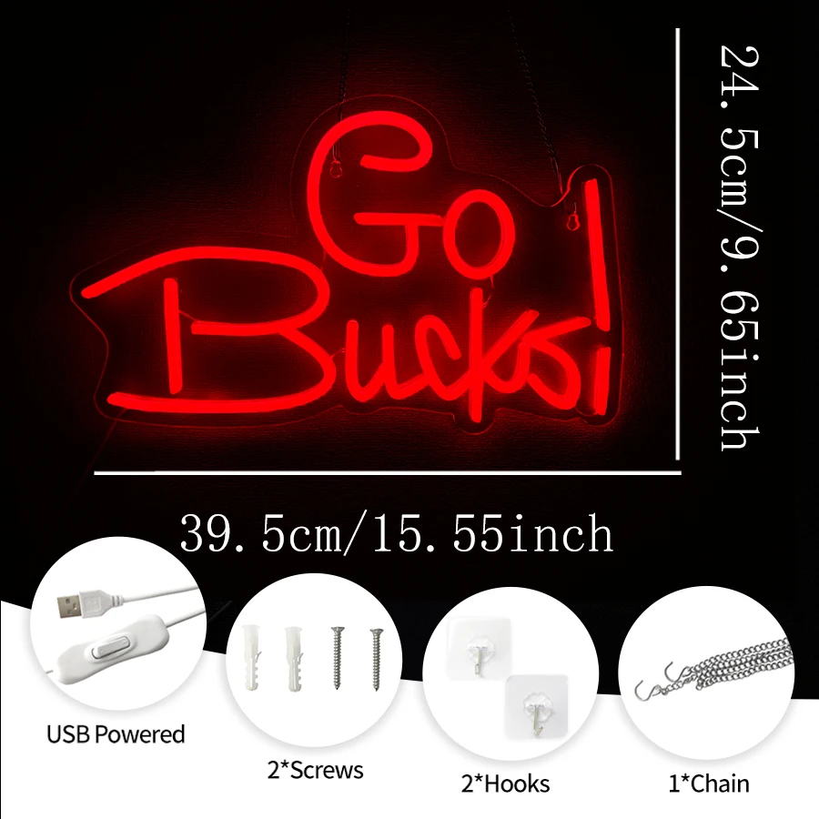 Go Bucks Led Neon Sign, Red Letter Icon Wall Decor, Bedroom Club Man Cave Bar Dormitory Wall Lamp, Fans' Birthday Party Gift.