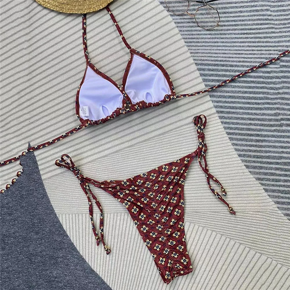 Sexy Brown Floral Print String Halter Triangle Bikini Micro Thong Swimsuits Women 2024 Swimwear Bathing Suit Bikinis Set Mujer