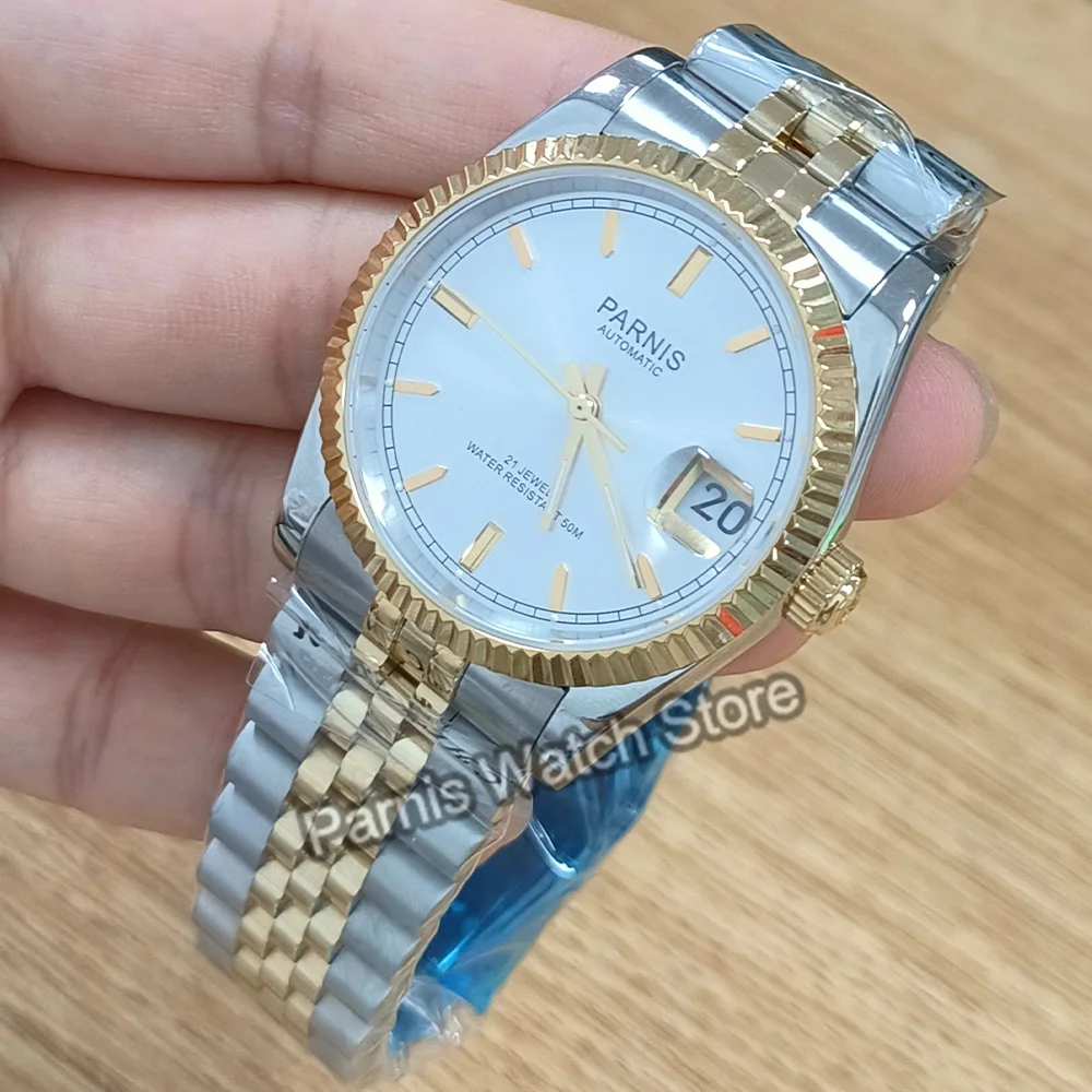 Parnis 36mm Gold Silver Color White Dial Men Watch Automatic Movement Men Stainless Steel Bracelet Mechanical Watches