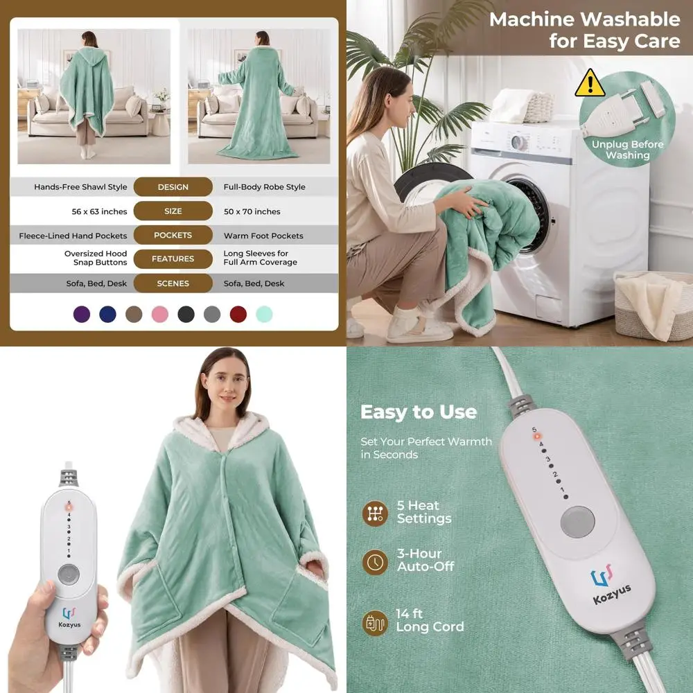 

Heated Throw Blanket with Hood & Pockets, 5 Temperatures, Auto-Off, Washable, Unisex, Light Green, 56x63