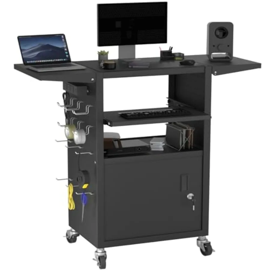 

Mobile AV Cart with Fold Side Shelves, Heavy Duty Rolling Media Cart with Customized Pegboard and Hooks, Multipurpose Utility C