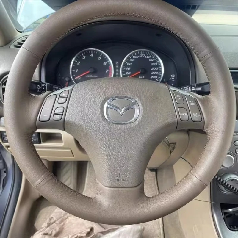 

Сшитый вручную нескользящий чехол на руль из натуральной кожи с кофе для Mazda 3 Axela 5 6 Atenza 2004-2006, автозапчасти