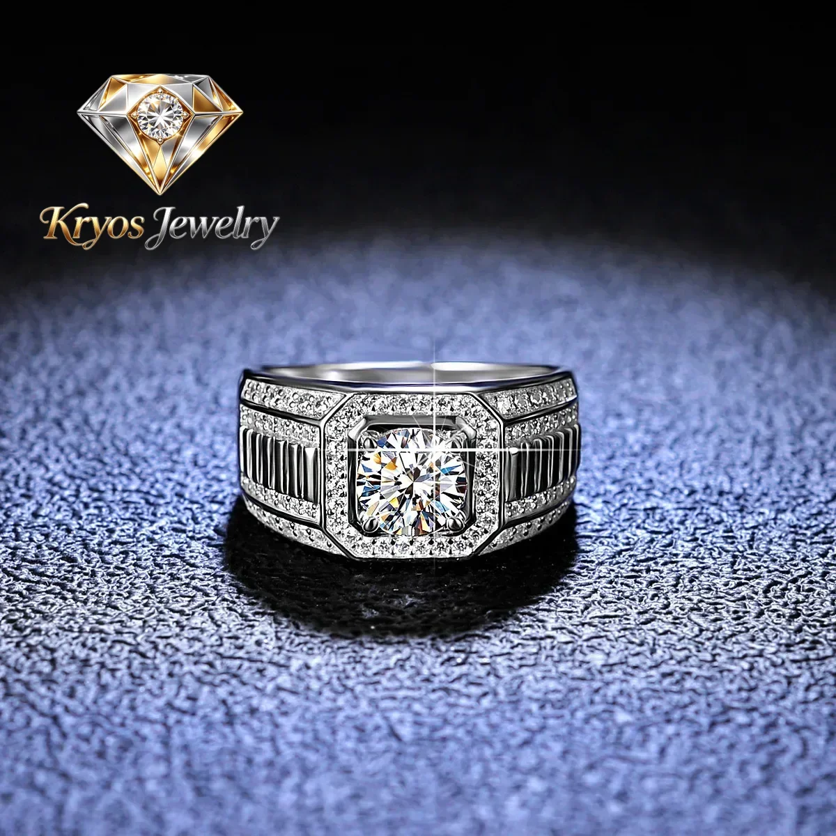 

Kryos Jewelry High - End Platinum PT950 White Gold Ring for Men, 1 Carat VVS D Color Moissanite, GRA - Certified, Ideal for Wedd