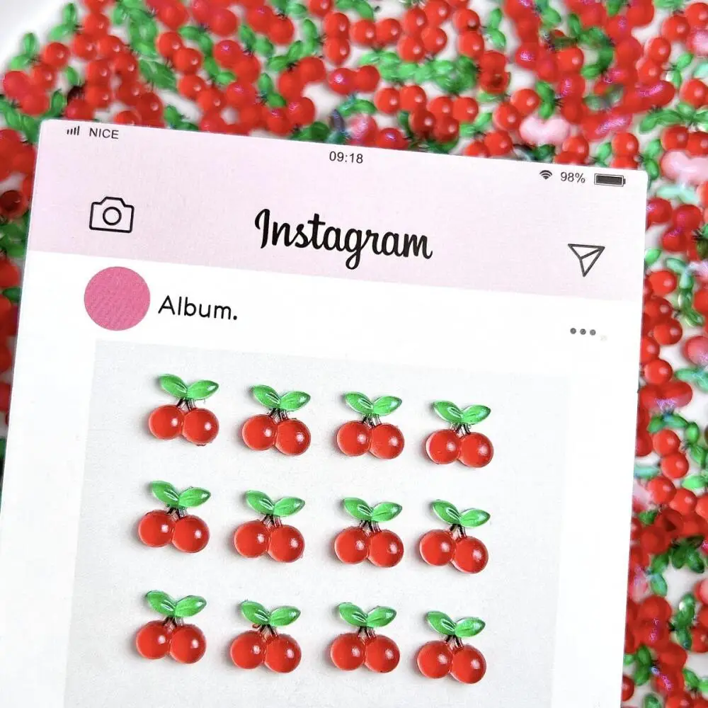 30PCS Kawaii Creative Simulated Cherry Resin Nail Charms 3D Ice Transparent Red Flat Bottomed Cherry Nail Art Decorations DIY