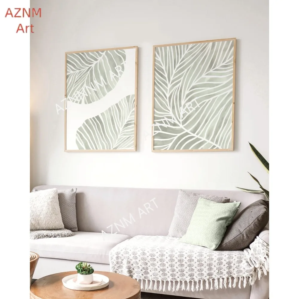 1/2 Stück Wandkunst-Set mit salbeigrünen Blättern: Abstrakte Aquarelldrucke, Wandkunst, Bild, Wohnzimmer, Heimdekoration