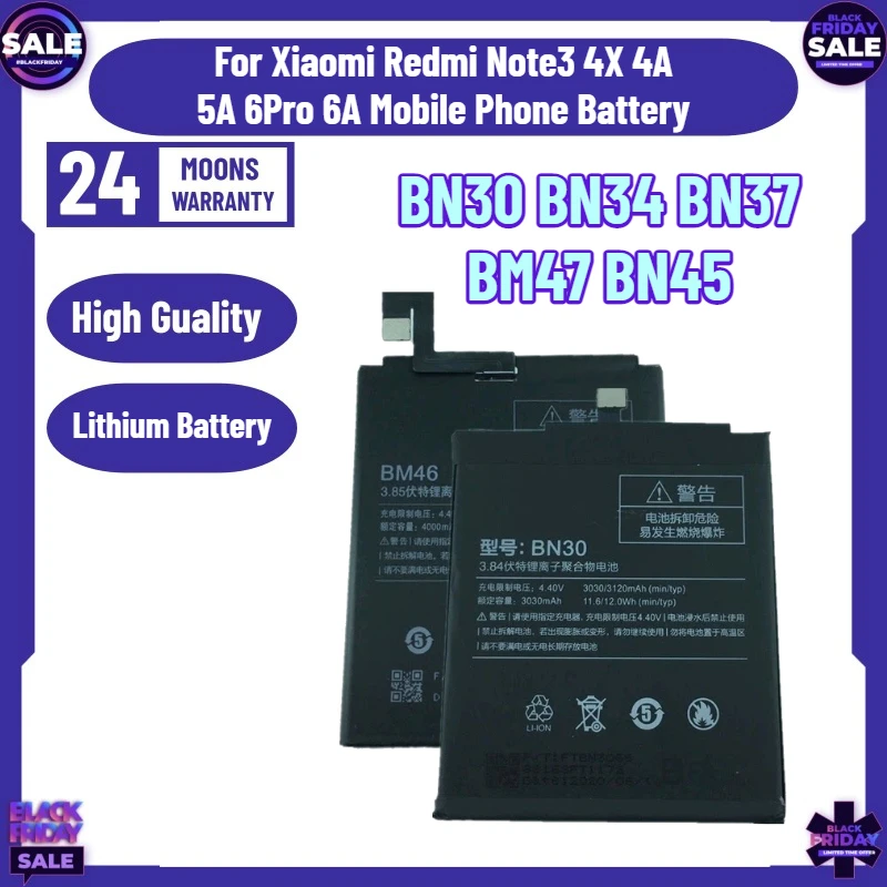

New BN30 BN34 BN37 BM47 BN45 Battery for Xiaomi Redmi Note3 4X 4A 5A 6Pro 6A Mobile Phone Battery