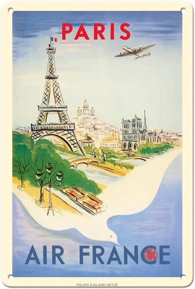 Pacifica Island Art Paris - Capital of France - Tower - Vintage Airline Travel Poster by Régis Manset c.1947-8 x 12 inch si sign