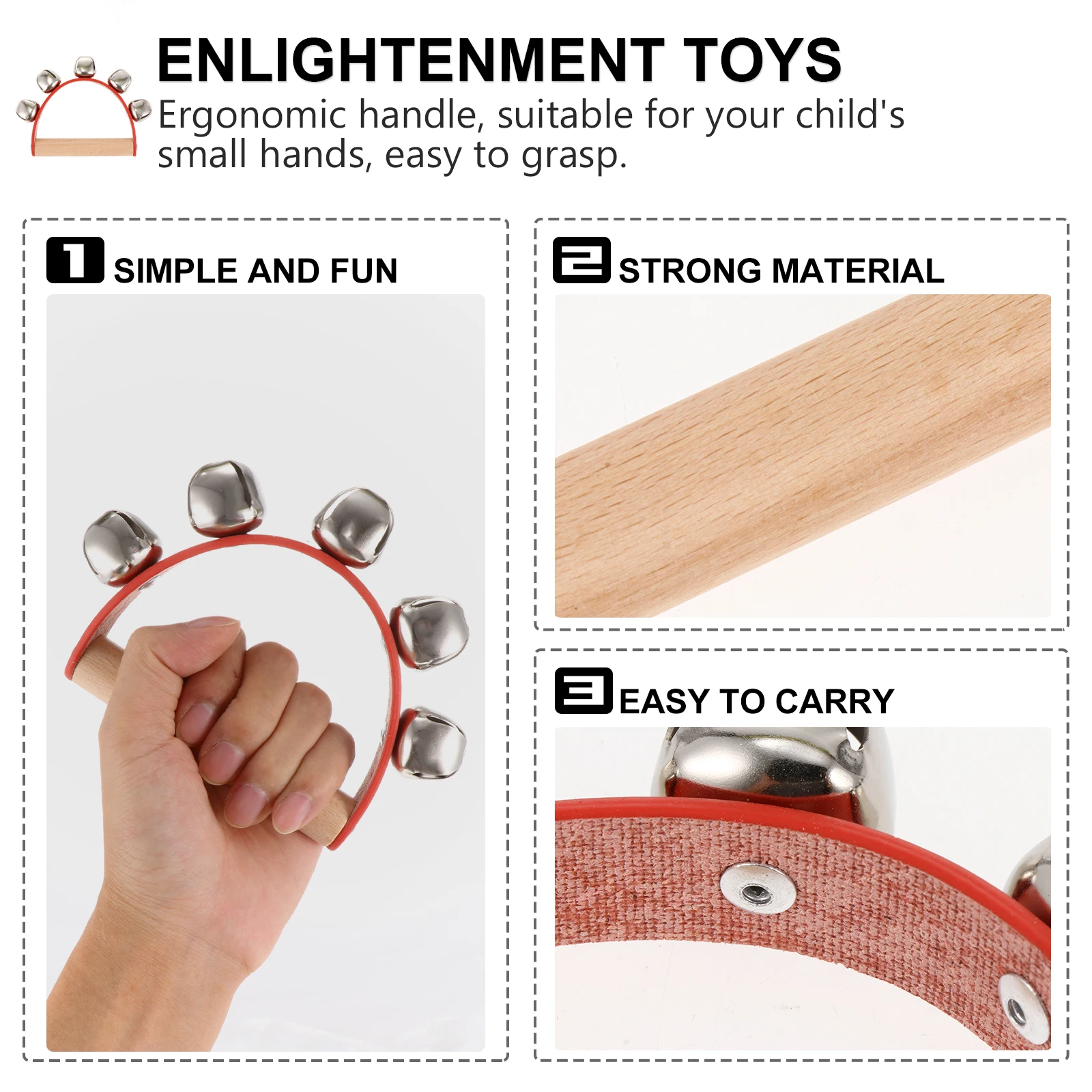 

2Pcs Handheld Sleigh Bells Red Wooden Handle Jingle Music Toys Ergonomic Lightweight Percussion Instrument Child Toy