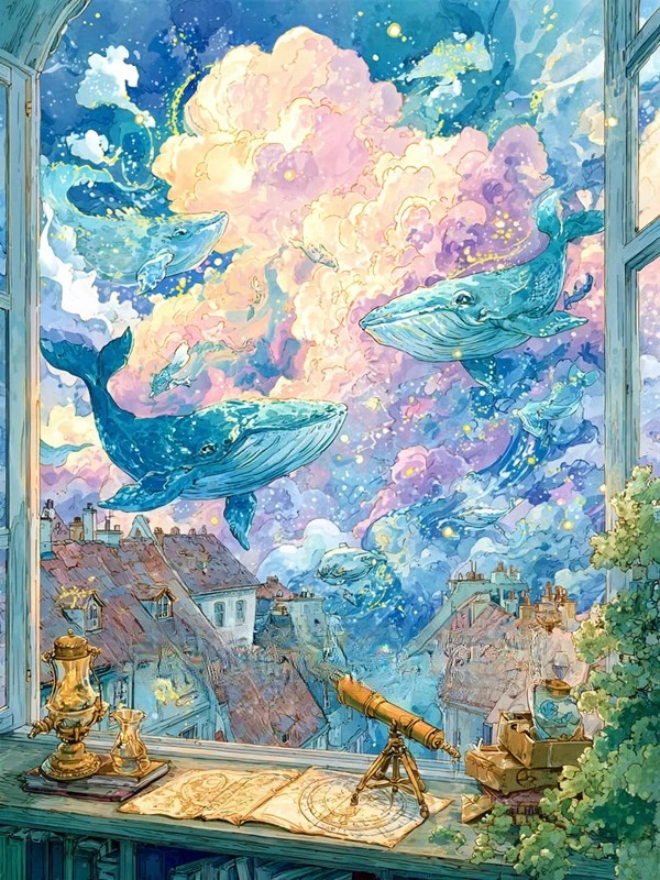 Oil Painting By Number DIY Dreamy Whale Landscape Canvas Art Wall Decor for Game Room or Living Room Gift Frameless