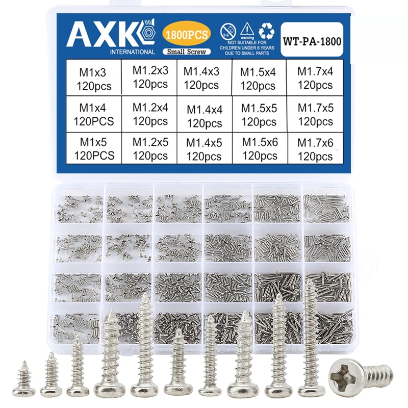 

1100pcs Round Pan Head Tapping Screws Set M1.2 M1.4 M1.5 M1.7 M2 Mini Screw laptop computer screw Phillips Screw kit