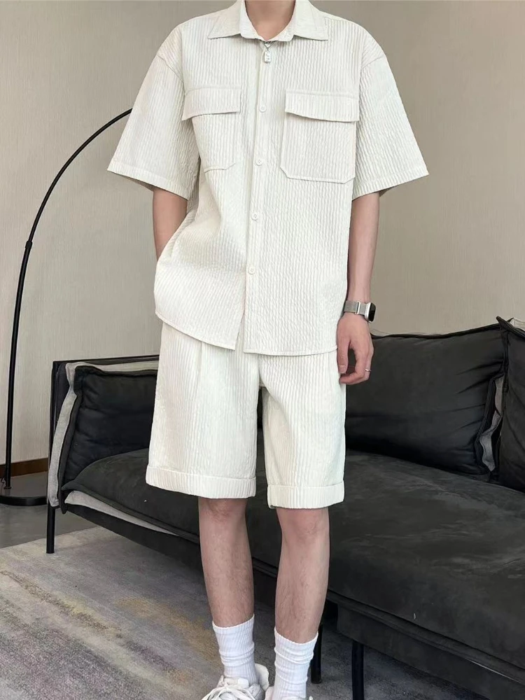 Men's Summer Edgy Short Sleeve Shirt & Shorts Set Chic Oversized Black Textured Casual Tracksuit Minimalist Streetwear Outfits