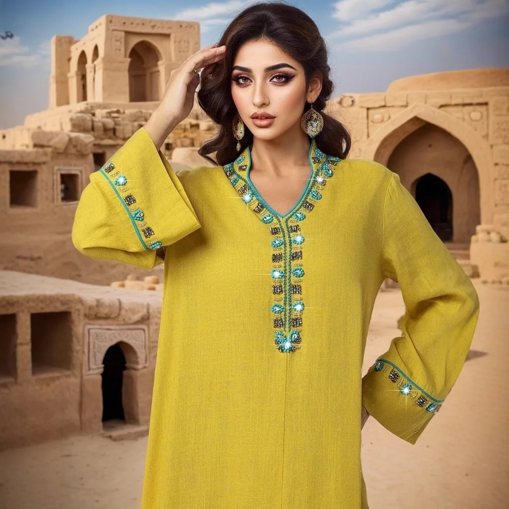 

Fashion Muslim Women Beading Tassels Maxi Dress Abayas Ethnic Dubai Turkey Kaftan Ramadan Jalabiya Caftan Party Dresses Gown New