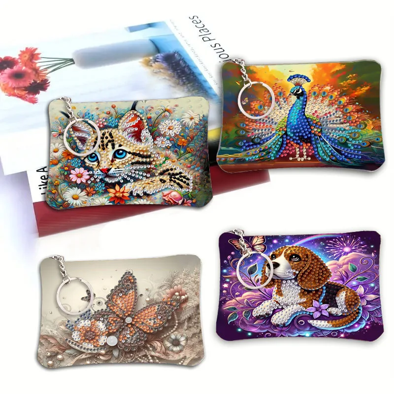 

1pcs DIY Animal diamond painted Bags with Zipper and Key Ring PU Leather Crystal Rhinestone Purse for Daily Uses and Travel
