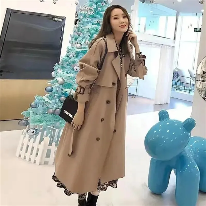 New Trench Coat Women's Spring Autumn Solid Color Lining Cloth Lapel Double Breasted Lace-up Mid-length Jacket Female Clothing