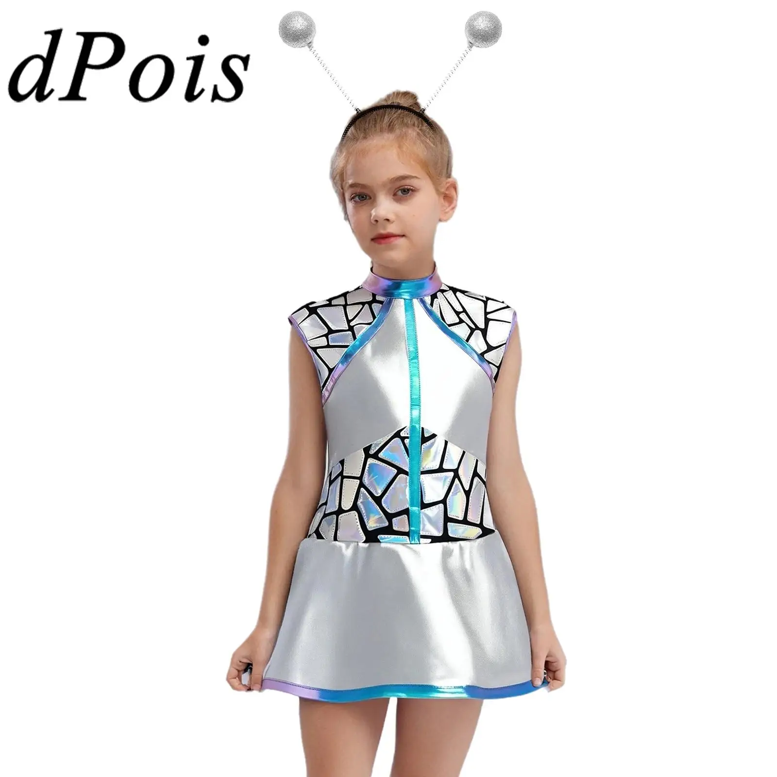 

Kids Girls Alien Costumes Shiny Metallic Cosmic Silver Astronaut Fancy Dress Glitter Hair Hoop for Halloween Theme Party Outfits