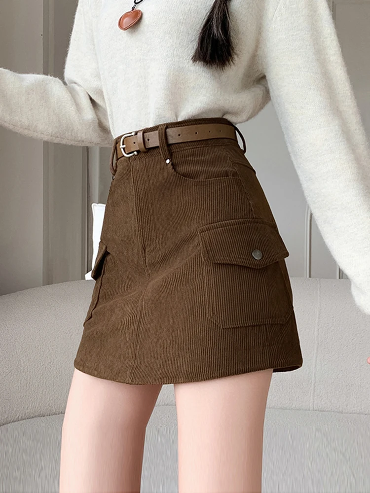 Vintage inverno mini saia de veludo feminino 2025 streetwear y2k bodycon saias de carga com shorts cinto marrom preto saia curta mulher