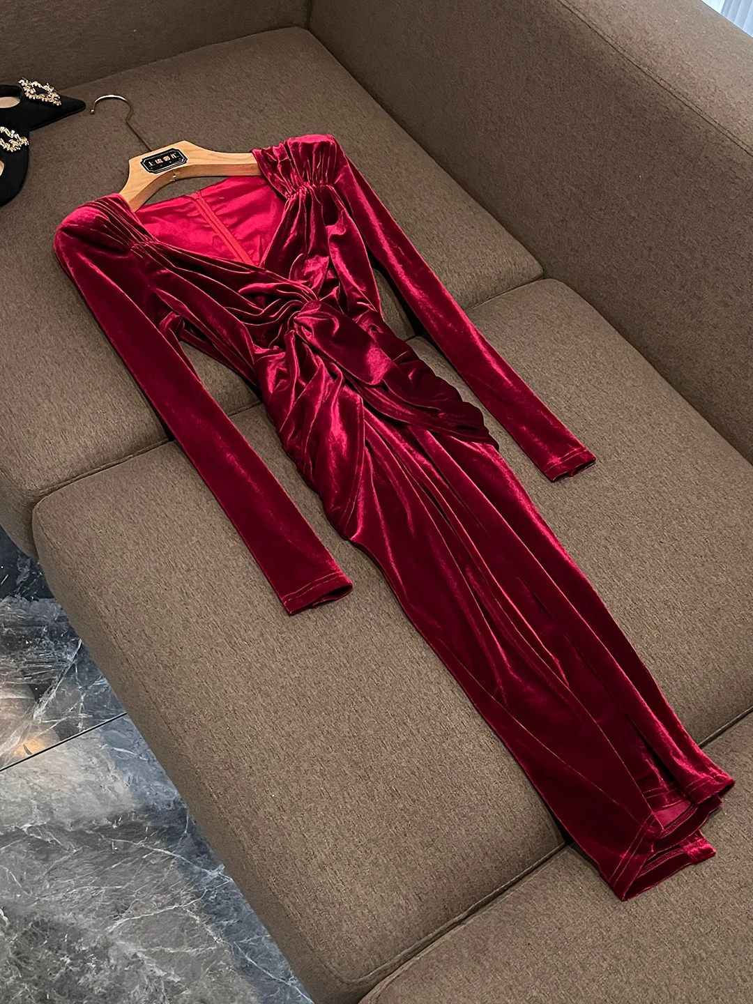 

Элегантное бархатное платье с V-образным вырезом, завязками на талии, легкое, роскошное, для вечерних выходов и городских мероприятий, с двойной застежкой на пуговицах