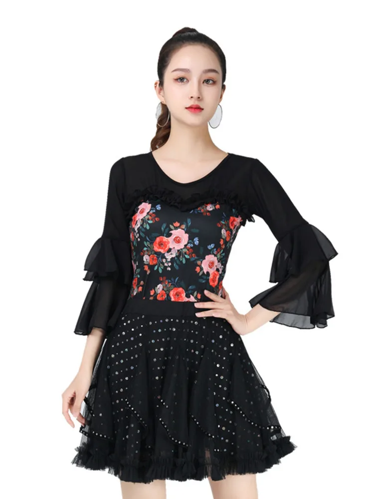 Mesh Patchwork Ballroom Standard Tops Women Female Clothing Line Dance Suit Latin Flowers Wear Birthday Classical Elegant Skirts