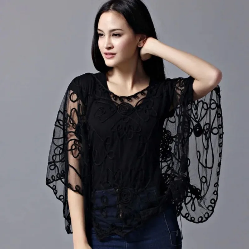 2024 High Quality Loose Hollow Chiffon Women\'s Blouse Summer Lace Batwing Three-quarter Sleeve Shirt Blusas Femininas 803J 38