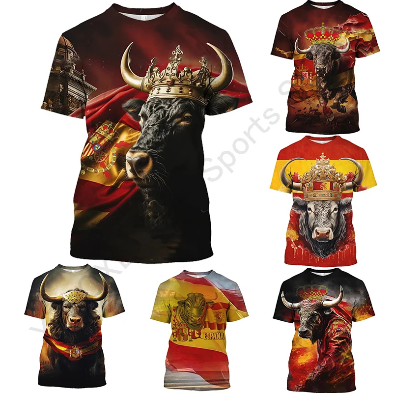 Spanish Bullfighting Graphic T Shirts for Men Spain Bull T-shirt 3D Cattle Fight Printed Tee Shirts Womens Clothing Short Sleeve